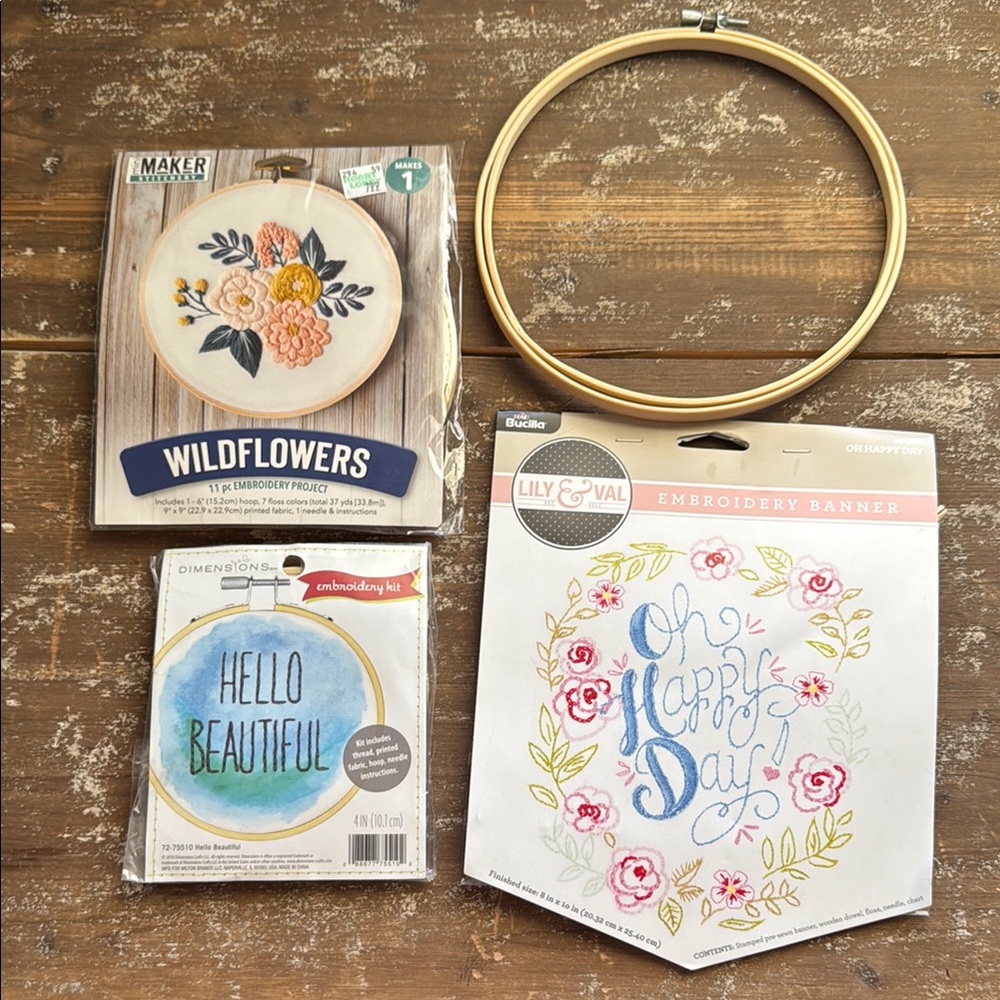 NWT 3 Embroidery Kit Set with Floral and Inspirational Designs